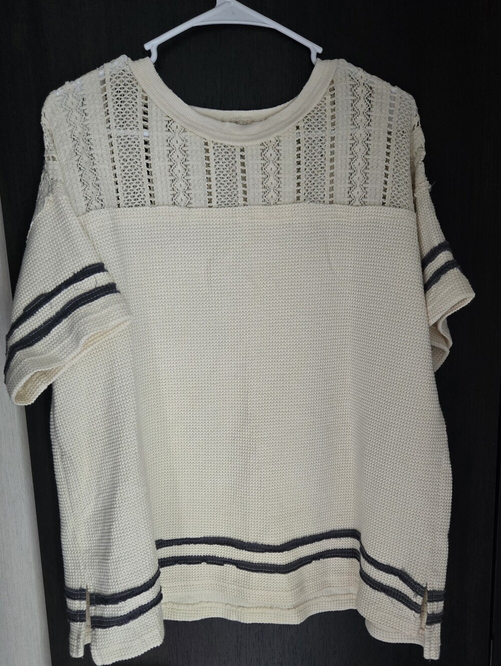 BKE Cream Knit Top with Navy Stripe Detail